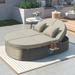 Outdoor Double Chaise Lounge Patio Sunbed Conversation Set with Adjustable Sofa and Foldable Cup Trays Wicker Furniture Patio Seating Set Gray