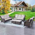 durable Outdoor Patio Wicker Furniture Set - 5 Piece Patio Rattan Sectional Sofa Set with 3-Seat Couch 2 Armchairs 2 Ottoman Footrests for Patio Conversation(5PC Mixed Grey/Blue)