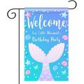 Mermaid Welcome Garden Flag Vertical Double Sided Polyester Flag Mermaid Theme Birthday Yard Sign Welcome to our Little Mermaids Birthday Party Garden Flag for Home Yard Porch Outdoor Decor