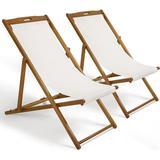 Beach Sling Chair Set of 2 Outdoor Folding Wood Sling Chair with White Polyester Canvas and Sturdy Wooden Frame 3 Level Adjustable Height Patio Lounge Chair