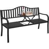 Outdoor Garden Bench w/Pullout Middle Table Metal Patio Bench Front Porch Bench for Backyard Weather-Resistant Frame Patio Seating for 2-3 Person Black