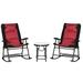 3 Piece Outdoor Patio Furniture Set with Glass Coffee Table & 2 Folding Padded Rocking Chairs Bistro Style for Porch Camping Balcony Red