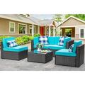 7 Pieces Outdoor Patio Sectional Sofa Couch Black PE Wicker Furniture Conversation Sets with Washable Cushions & Glass Coffee Table for Garden Poolside Backyard (Aegean Blue)