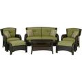 Strathmere 6-Piece Outdoor Patio Conversation Set 2 Side Chairs with Ottomans Loveseat and Tempered Glass Coffee Table with Hand-Woven Wicker and Thick Cilantro Green Cushions STRATHM
