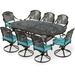 VIVIJASON 9-Piece Outdoor Patio Furniture Dining Set All-Weather Cast Aluminum Conversation Set Include 8 Swivel Dining Chairs and an Oval Table with Umbrella Hole Ocean Blue Cushion