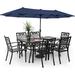 durable & William Patio Dining Set for 6 with 13ft Double-Sided Patio Umbrella 8 Piece Metal Outdoor Table Furniture Set - 6 Outdoor Chairs 1 Rectangle Dining Table and 1 Large Navy