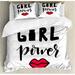 Girl Slogan Duvet Cover Set Queen Size Calligraphy Phrase Lipstick in Text Inspirational Design 3 Piece Bedding Set with 2 Pillow Shams Charcoal Grey and Vermillion by Ambesonne