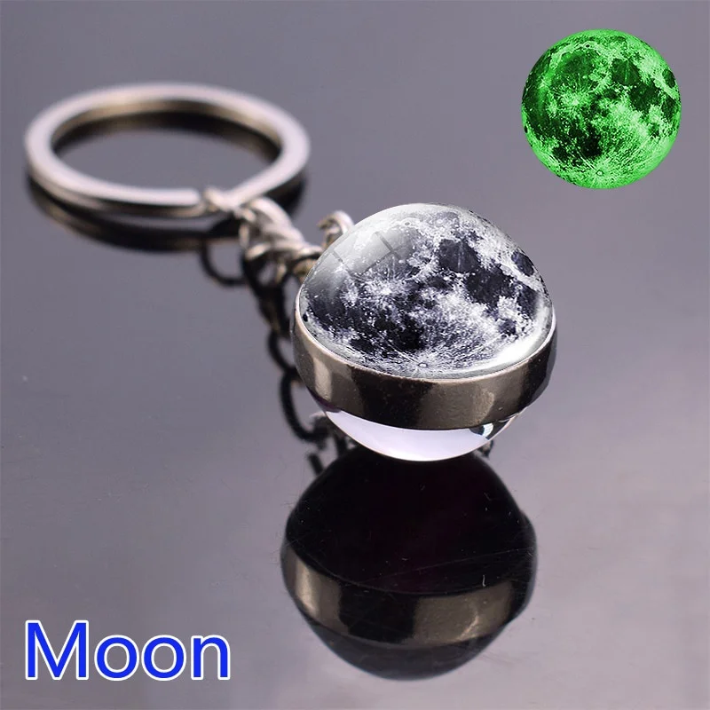 Glow In The Dark Solar System Planeten Schlüsselring Galaxy Nebula Leuchtende Keychain Mond Erde Sonne Doppel Seite Glas Ball Key kette Image
