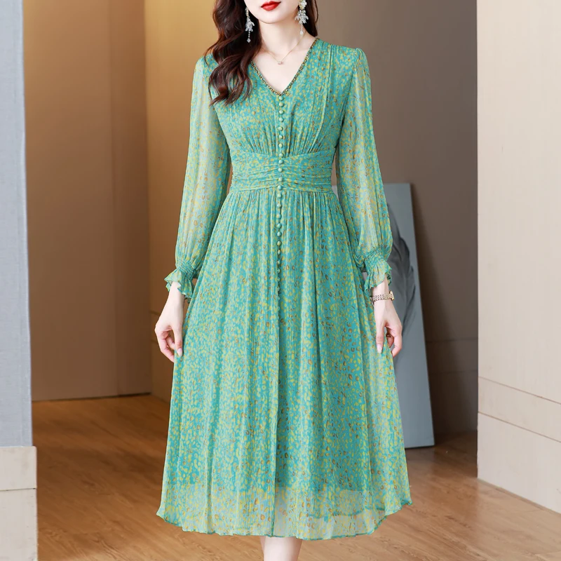 Frühling Sommer grün Blumen Seide langes Kleid Frauen Mode lässig Urlaub Strand kleid koreanische elegante Luxus Tanz Party Kleid