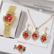 5 Stück goldene Luxus uhr Frauen Ring Halskette Ohrring Strass Mode Armbanduhr rotes Zifferblatt