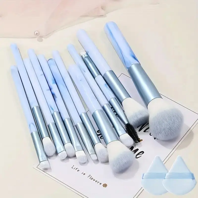 12-teiliges blaues Make-up-Pinsel-Set, professioneller Pinsel für Foundation, Puder, Blending, Rouge, Concealer, synthetische Faserborsten Image
