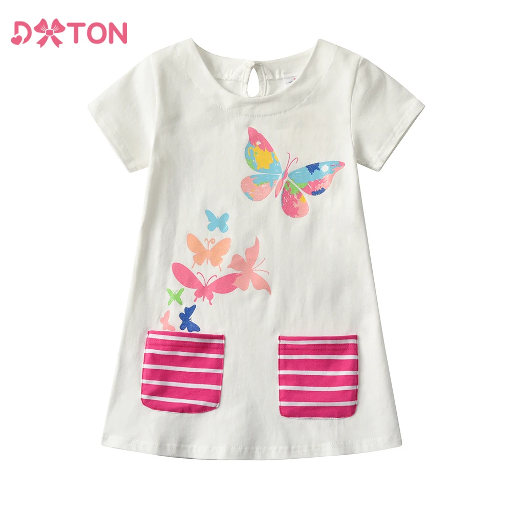 Dxton Sommer Kinder kleider für Mädchen Kurzarm Kinder kleider mit Tasche Schmetterling bedruckte Mädchen lässige Baumwoll kleidung Image