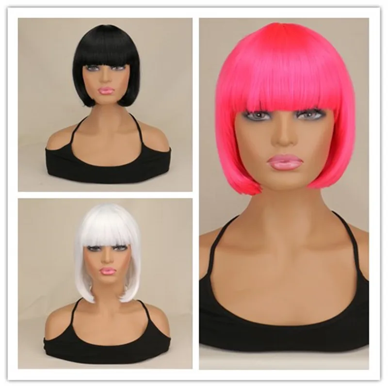 Kurze Bob-Perücke mit Pony, synthetische Perücken für Frauen, schwarz, blond, rosa, Lolita, Cosplay, Party, natürliches Haar, Perruque Bob