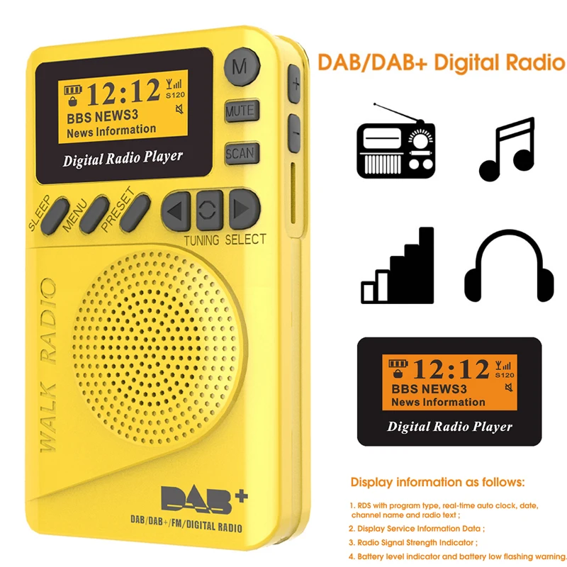 Mini Tasche DAB Digital Radio FM Empfänger RDS Tragbare MP3 Player Mit LCD Display Bildschirm Unterstützung TF Karte Schlaf Zeit set