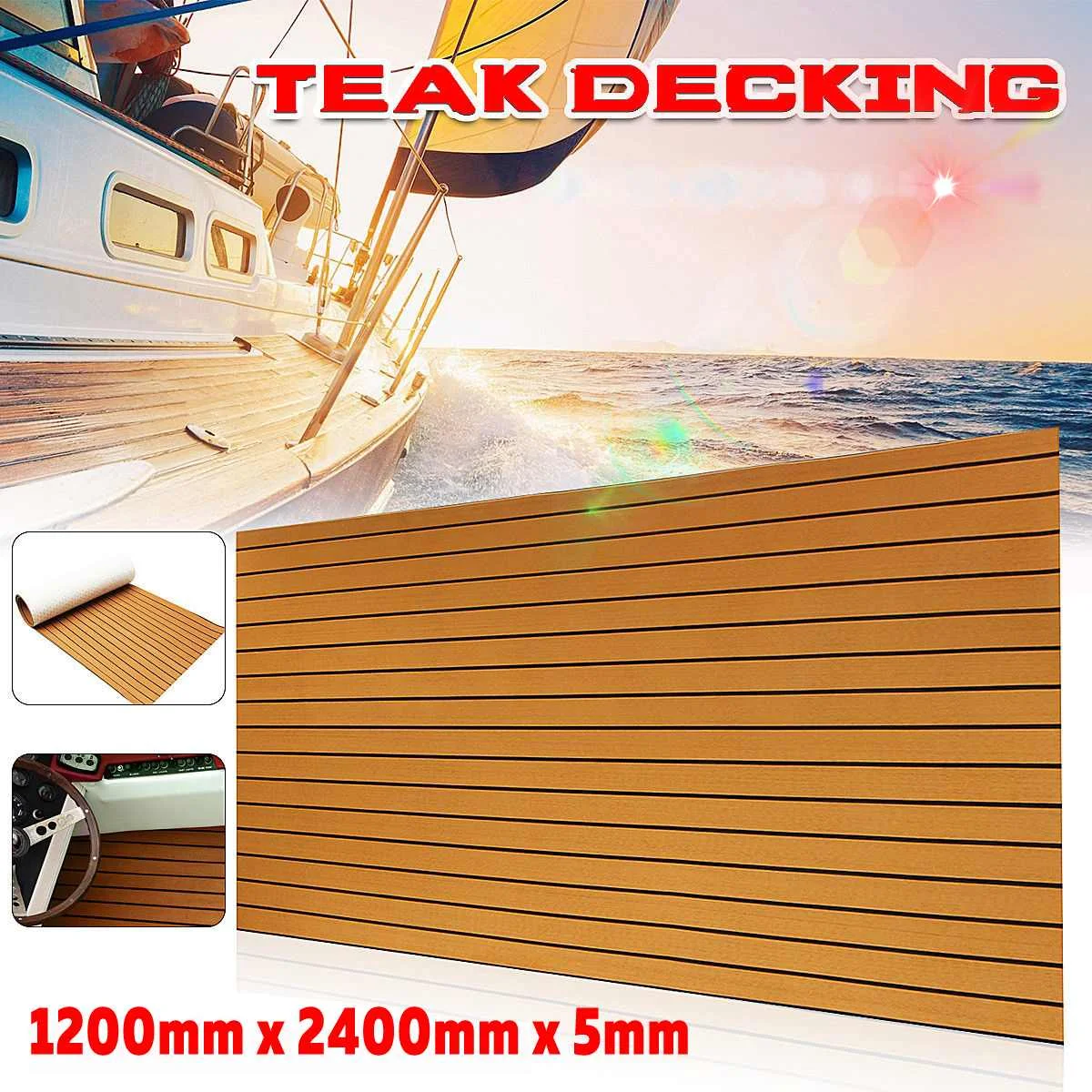 1200 mm x 2400 mm x 5 mm EVA-Schaum, Teakholz-Bootsdeckmatte, braunes Terrassendielen, Yacht-Bodenbelag, rutschfeste Matte, selbstklebende Fahrzeugunterlage