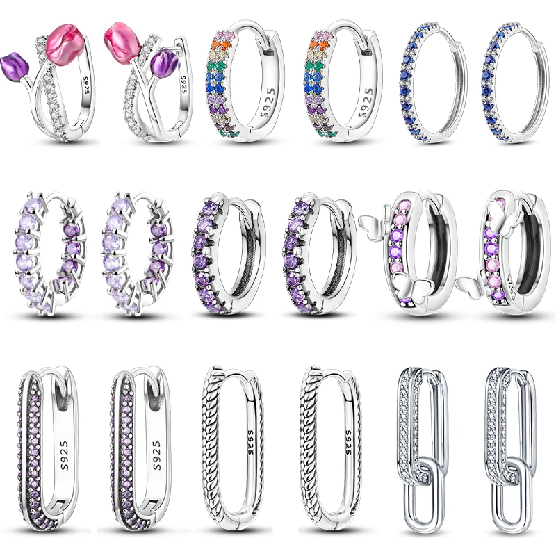 Trendige farbige Tulpen-Ohrringe für Damen, 925er Silber, Farbe Zirkon, Schmetterling, Doppel-Creolen, U-förmige Ohrringe, feiner Verlobungsschmuck Image
