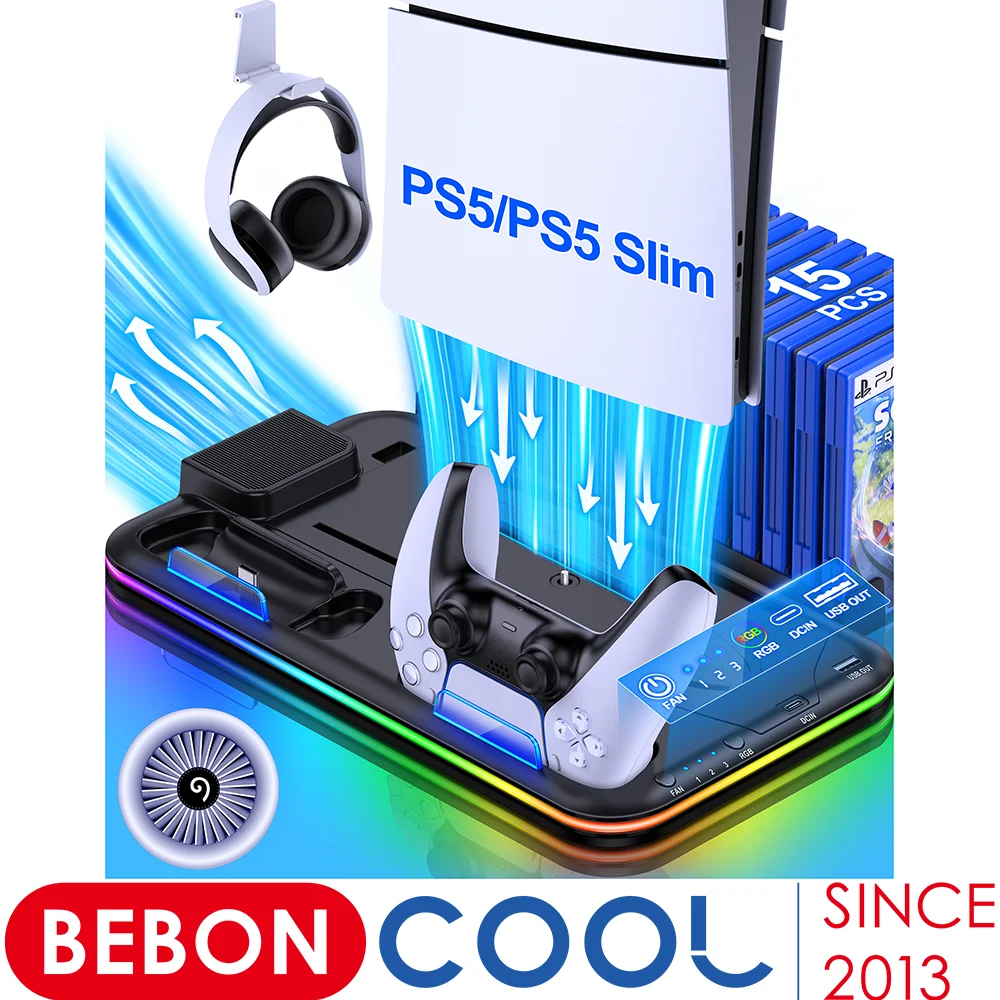 Für PS5 Slim Cooling Stand PS5 kühlstation RGB Lade Basis Dual Controller Ladegerät Dock Station Für Sony Playstation 5 Image