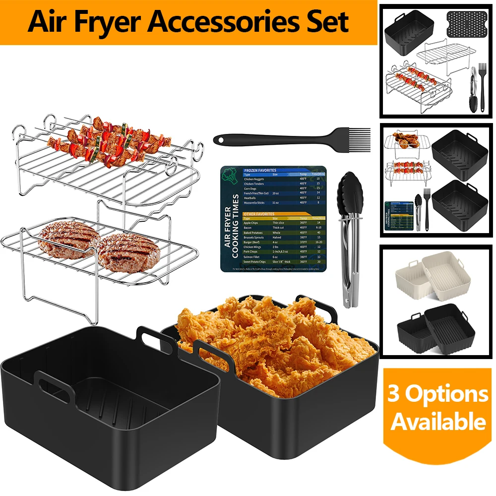Zubehör-Set für Luftfritteusen, wiederverwendbare Luftfritteusen-Silikonmatte, Edelstahl-Luftfritteusen-Rack mit Grill-Clip, Silikonbürste, 1 Set Image