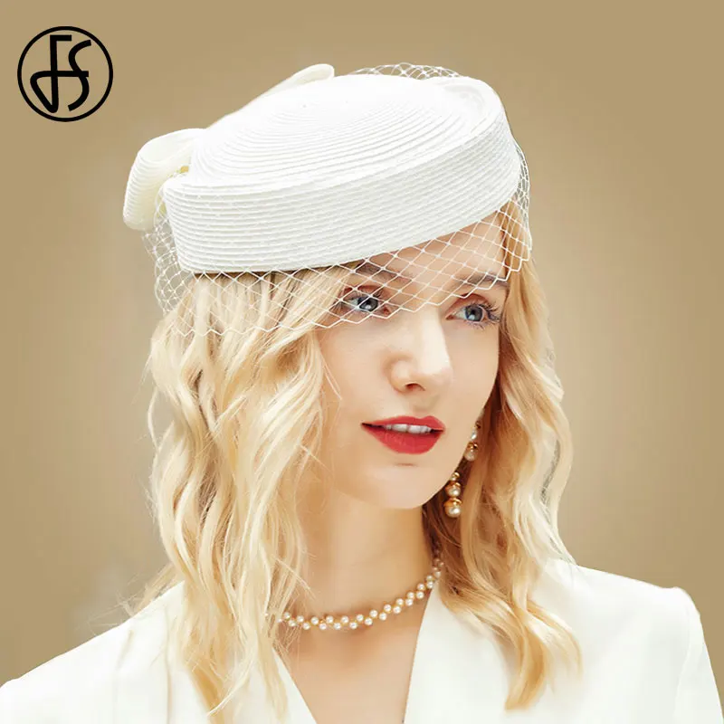 FS Fascinator Weiß Pillbox Hüte Französisch Baskenmütze Mit Schleier Schwarz Stroh Hüte Mesh Frauen Fedora Cocktail Derby Party Kirche Hochzeit Image