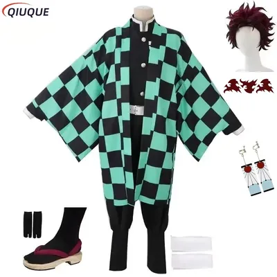 Erwachsene/Kinder Kamado Tanjirou Cosplay Kostüm Perücke Schuhe Kimono grün Umhang Ohrringe Tattoo Image