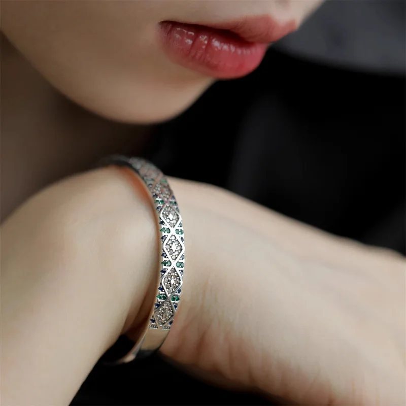 925 Sterling Silber Armband Armreif grün blau Quadrat geometrischen Punk für Frau Mädchen Modeschmuck Geschenk Drops hip Großhandel