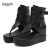 Gdgydh Plattform Flip-Flops Frauen Strand Sandalen Knöchel Riemen Keile Schuhe Für Sommer Schwarz Leder Vintage Europäischen Amerikanischen Zip