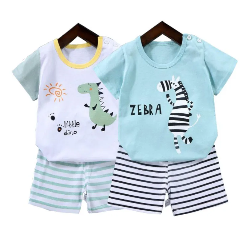 1-6 Jahre Kinder Sommer T-Shirts + Streifen Shorts 2-teiliges Kleidungsset Pyjama Baumwolle Unterwäsche Cartoon Zebra Dinosaurier Print Nachtwäsche Anzug Image