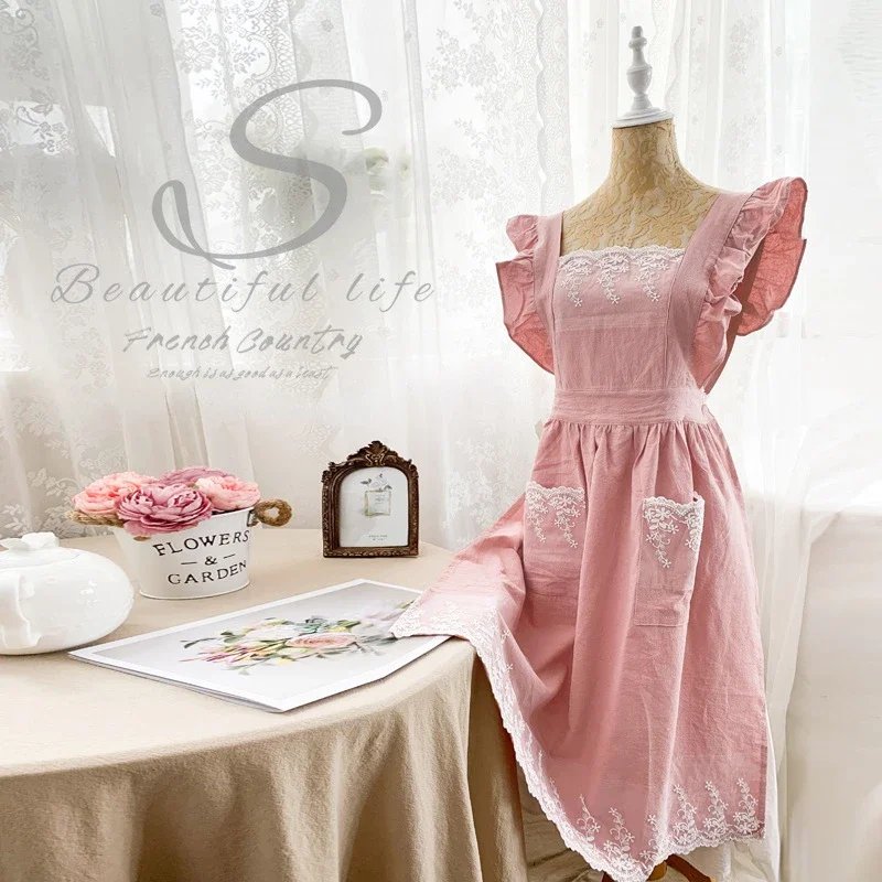 Weibliche Frauen Schürze Baumwolle Leinen Schürzen Kleid Garten Café Küche Kochen Florist Palace Stil Vintage Mode Kleid Schürzen Image