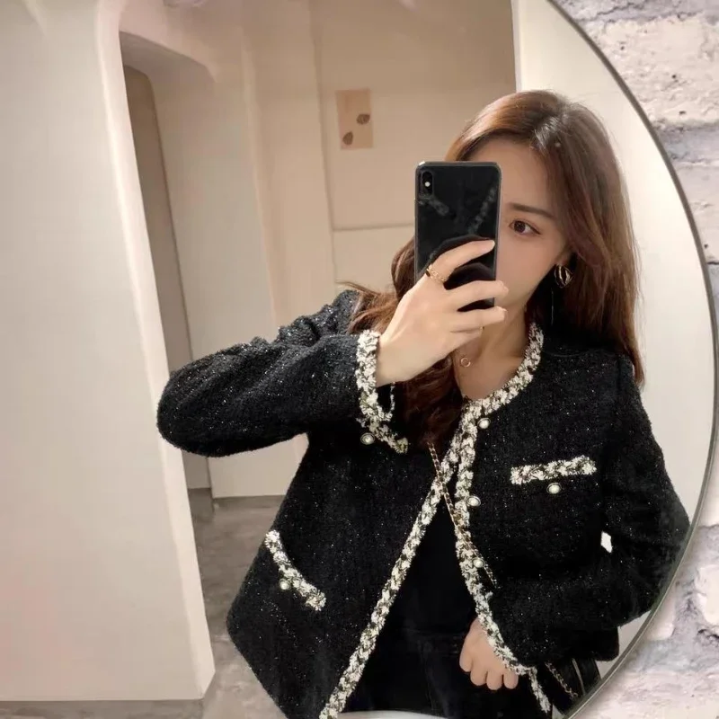 Französisch Tweed Damen jacke Herbst koreanische Wolle kurze Oberbekleidung elegante schwarze karierte Manteltaschen Büro kurze Frau Kleidung