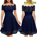 Damen elegante Spitze Kleid Dame Mode einfarbig Blumenmuster Party Ballkleider Retro Abendkleider