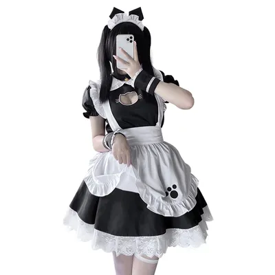 Frauen Dienstmädchen Outfit Anime Schwarz und Weiß Schürze Kleid Lolita Kleider Café Kostüm Cosplay Image