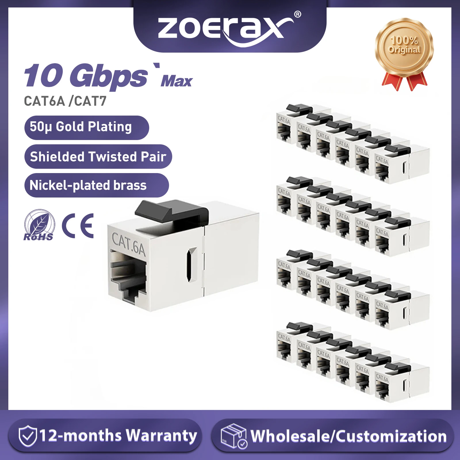 ZoeRax CAT7 CAT6A CAT6-Koppler, RJ45-Keystone-geschirmter Koppler, abgeschirmte Buchse auf Buchse, RJ45-Inline-Koppler, Keystone-Buchse Image