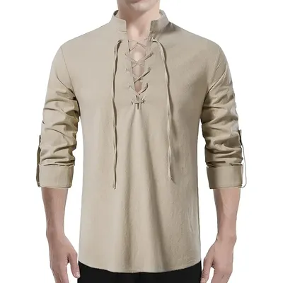 Herren-Renaissance-Hemd, langärmelig, mittelalterliches Retro-Schnürhemd, Herren-Piratenkostüm aus Image