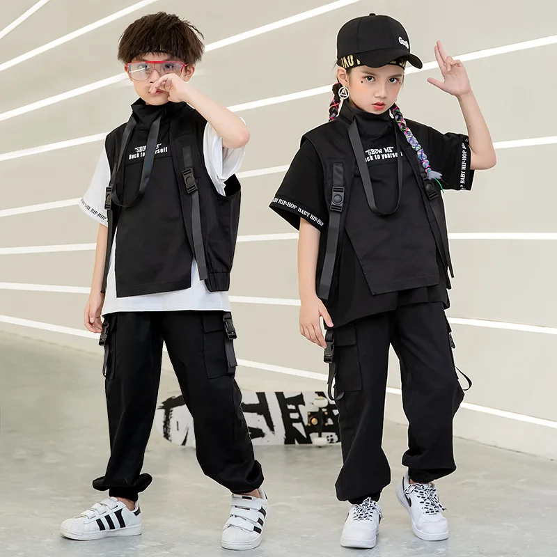 Mädchen Jungen Jazz Tanz Kostüm Kleidung tragen schwarze Kind Hip Hop Kleidung T-Shirt Top taktische Cargo hose ärmellose Jacke Weste