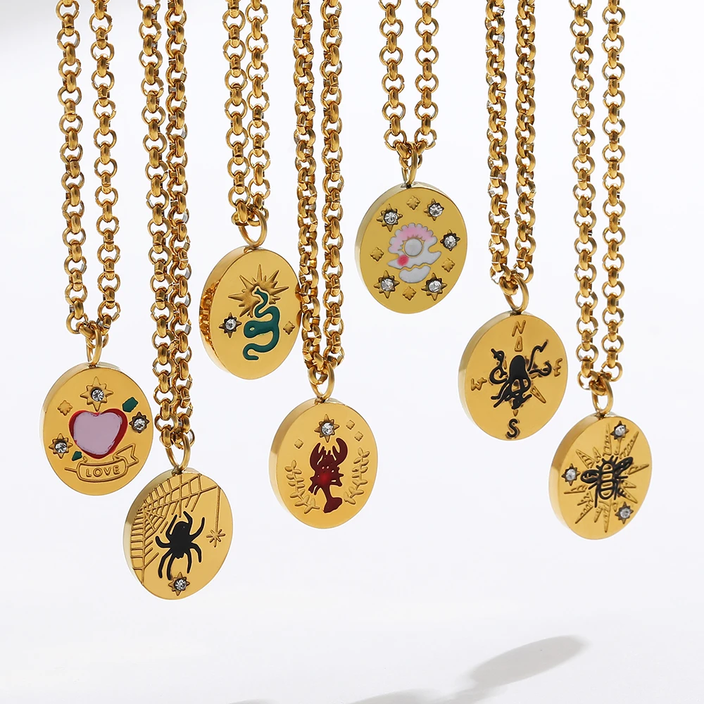 Vintage vergoldete ovale geometrische Anhänger Schlange Spinne Oktopus Emaille Halskette für Frauen Edelstahl Kette Halsketten Geschenk Image