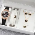 5 teile/satz Frauen Uhren Perlen Schmuck Set Mode Strass Schmetterling Zifferblatt Lederband
