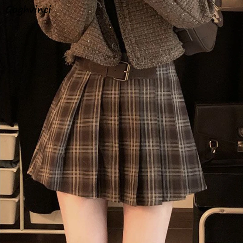 Plissee Röcke für Frauen Amerikanischen Stil Retro Plaid College Herbst Süße Mädchen Chic Hohe Taille Mit Gürtel Mode Alle-spiel mini Neue Image