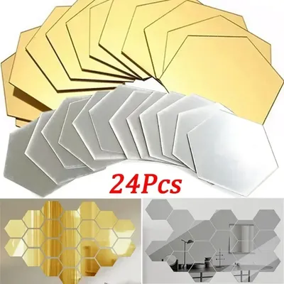 24 Stück sechseckige Spiegel-Wandaufkleber, abnehmbare Wandaufkleber, Acryl, dekorativer Spiegel, DIY-Dekorationen für Zuhause, Schlafzimmer, Wohnzimmer Image