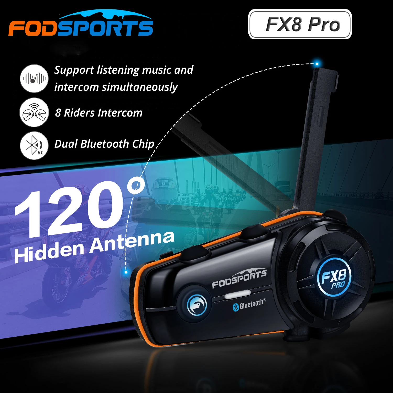 Fodsports FX8 Pro Intercom Motorradhelm-Headsets, 8-Fahrer, Dual-Bluetooth-Intercomunicador, Moto-Musik, gemeinsame Interphone Image