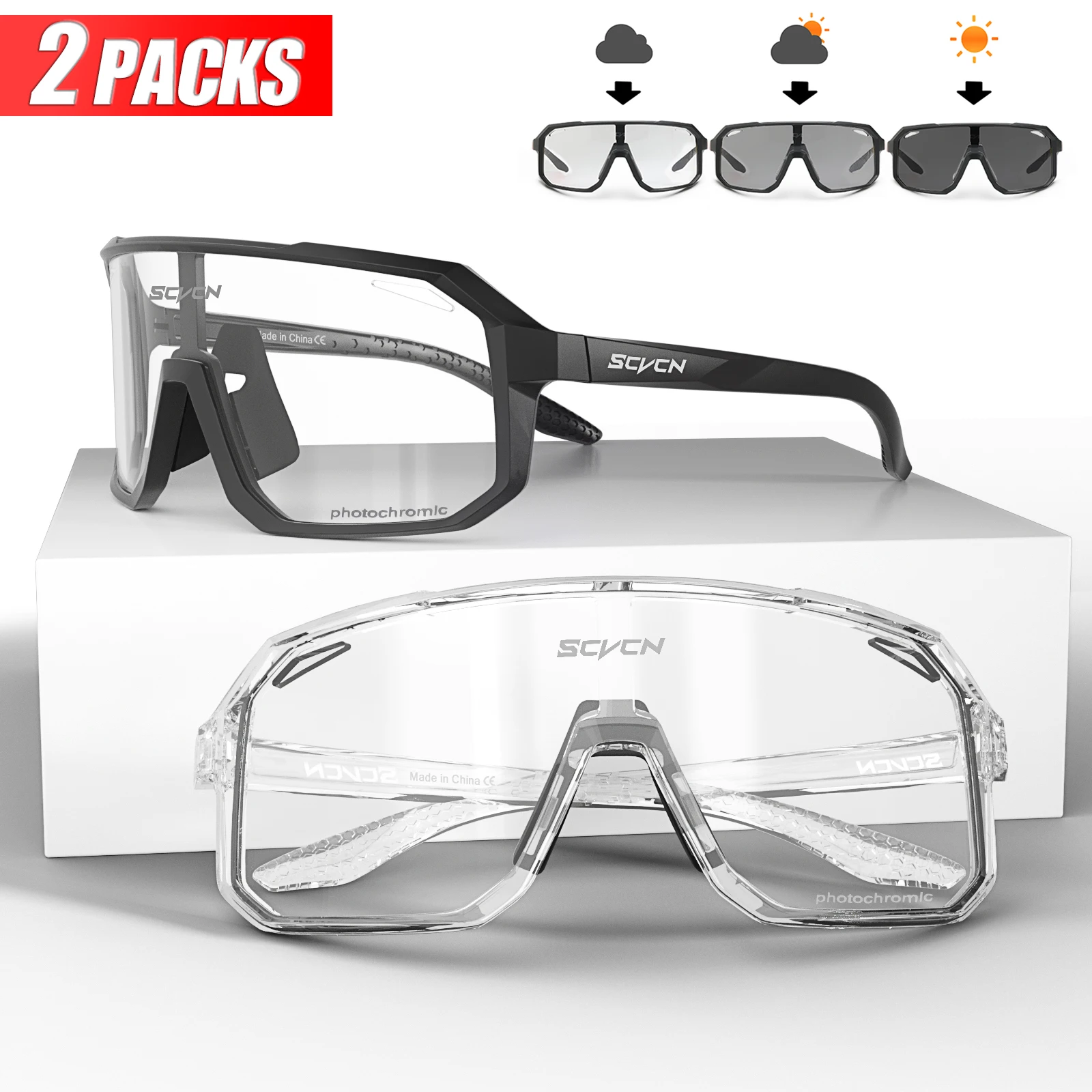 2Packs SCVCN Photochrome Radfahren Sonnenbrille Männer Frauen Sport MTB Fahrrad Brillen Outdoor Straße Fahrrad Zyklus Gläser UV400 Brille Image