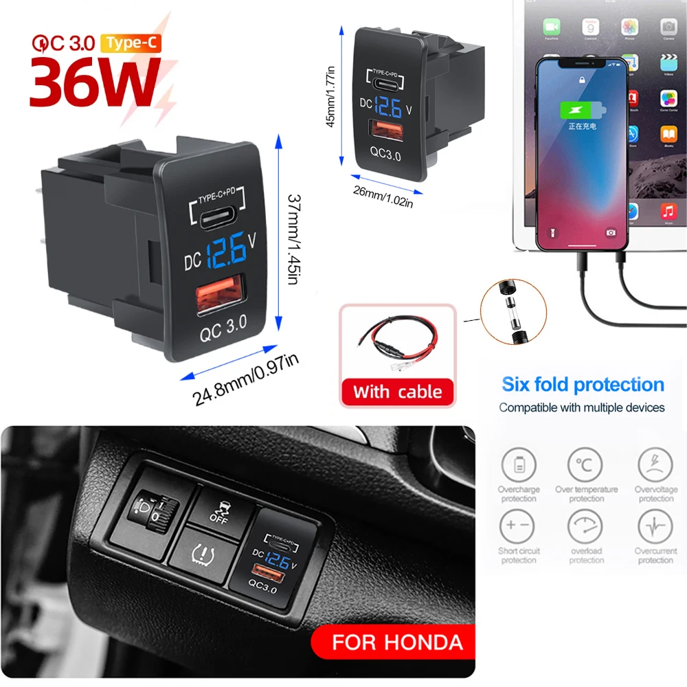 PD QC3.0 Dual Port Schnelle Telefon Ladegerät Mit LED Voltmeter Auto USB Integrierte Buchse Adapter USB Taste Für Alle Honda crv CB500X Image