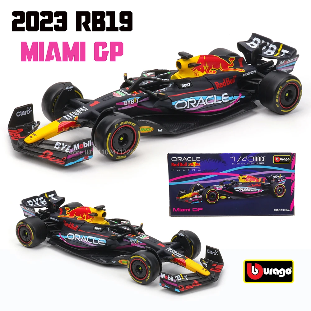 Bburago 1:43 F1 Red Bull Racing TAG Heuer RB19 Miami GP 2023 # Ich bin ein Verstappen # 11 Perez Legierungsauto aus Druckguss, Modellspielzeug zum Sammeln Image