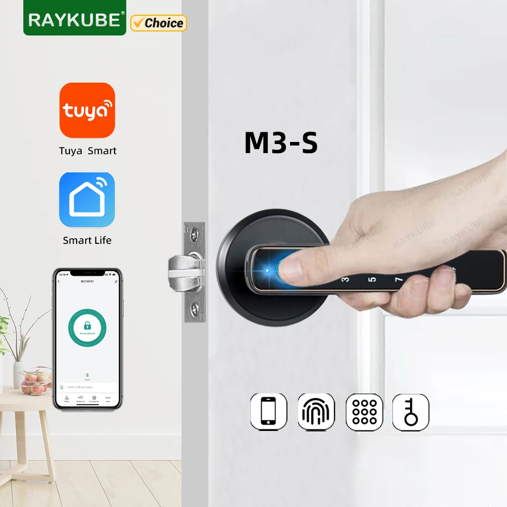 RAYKUBE M3-S Tuya Digitales Fingerabdruck-Türschloss Elektronisches Schloss mit Passwort/Schlüssel/Smartlife/Tuya APP Fernentriegelung für Schlafzimmer Image