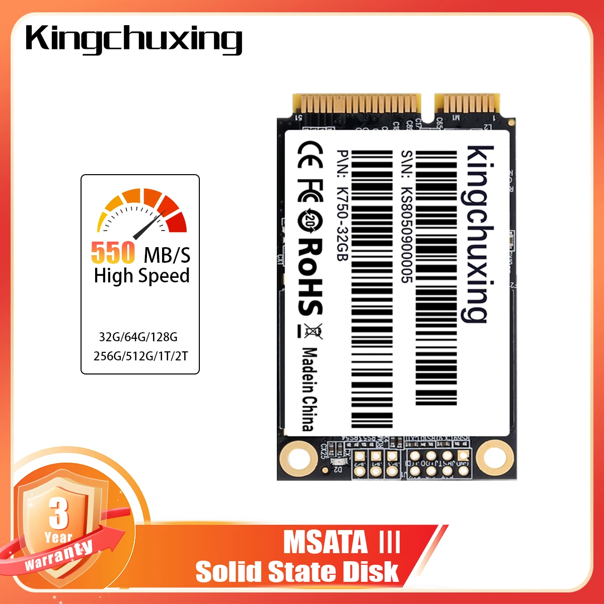 Kingchuxing SSD MSATA SATA 64 GB 128 GB 256 GB 512 GB Internes Solid-State-Laufwerk Hochleistungs-Festplatte für Desktop-Laptop Image