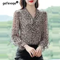 5XL Koreanische Frauen Frühling Herbst Casual Chiffon Blusen Leopard Print Bogen V Neck Shirts Dame