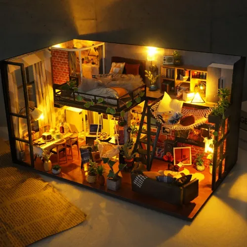 DIY Große Haus Puppenhaus Gebäude Kit DIY Holz Puppenhaus Miniatur Schlafzimmer mit Möbel Licht und