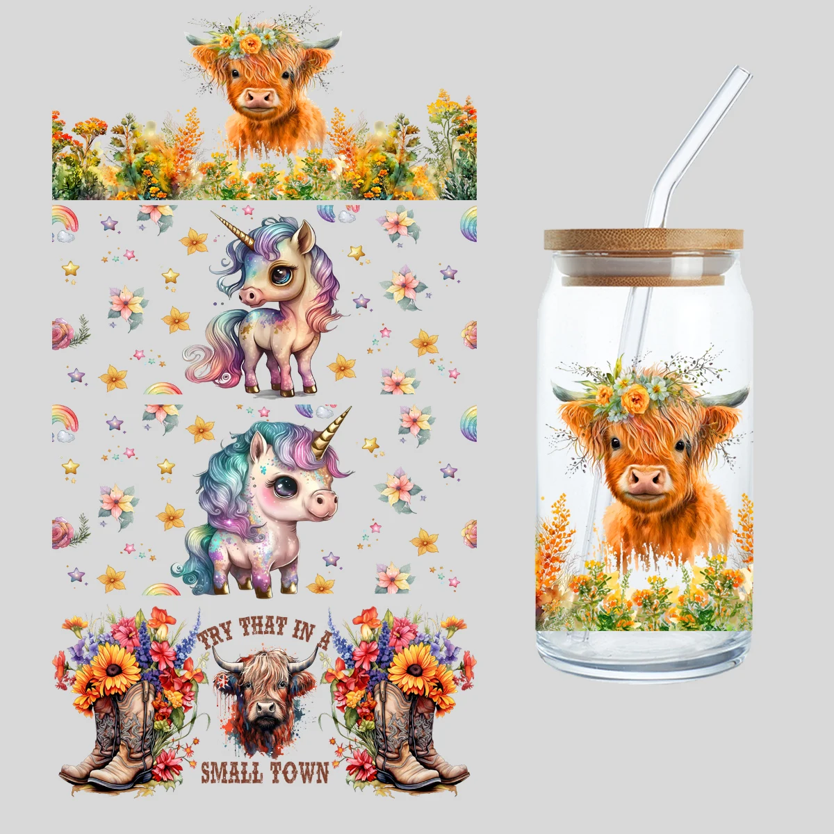 Cartoon Tiere UV Dtf Transfer Aufkleber für Glas Tasse Einhorn Rinder DIY Flasche Aufkleber Kleber Aufkleber-hohe Qualität Image