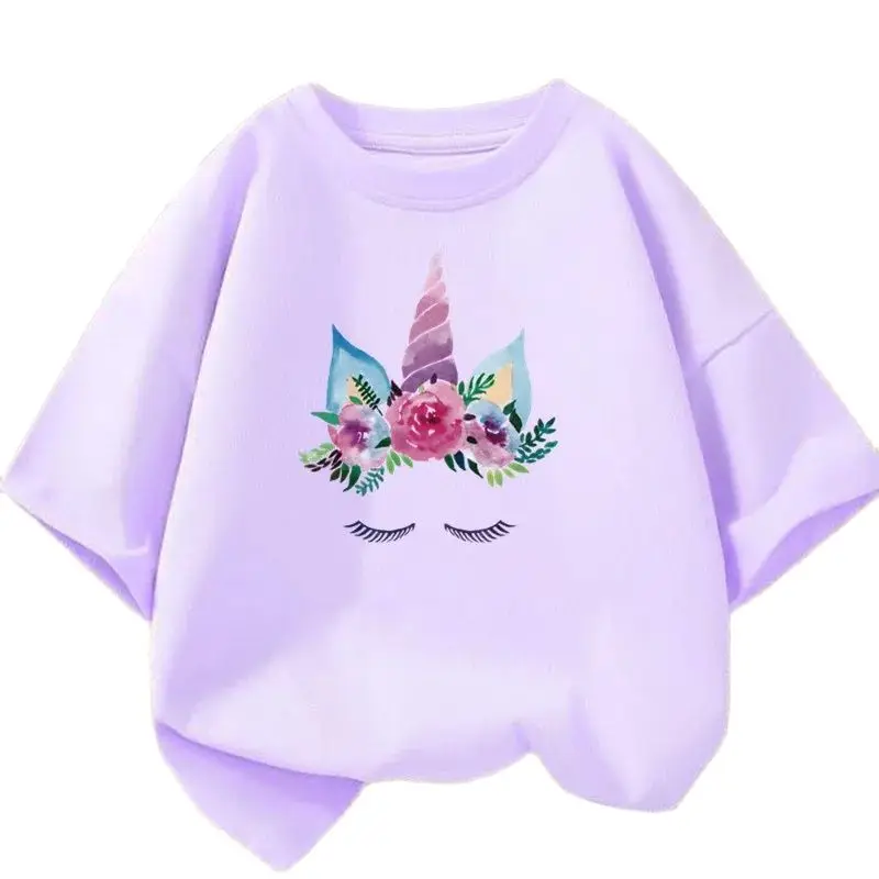 Schönes Einhorn mit Blumen gedruckt T-Shirt Sommer Top Mädchen Süßigkeiten Farbe Kurzarm lässig T-Shirt Image