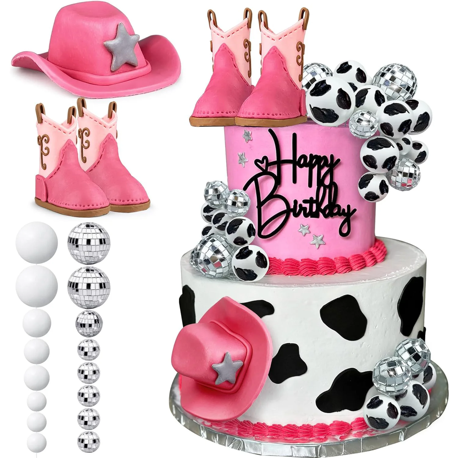Spiegel Ball Dekorationen Cowgirl Hut und Boot Cake Topper Disco Ball Cake Topper Western Cowgirl Geburtstags feier begünstigt Lieferungen Image