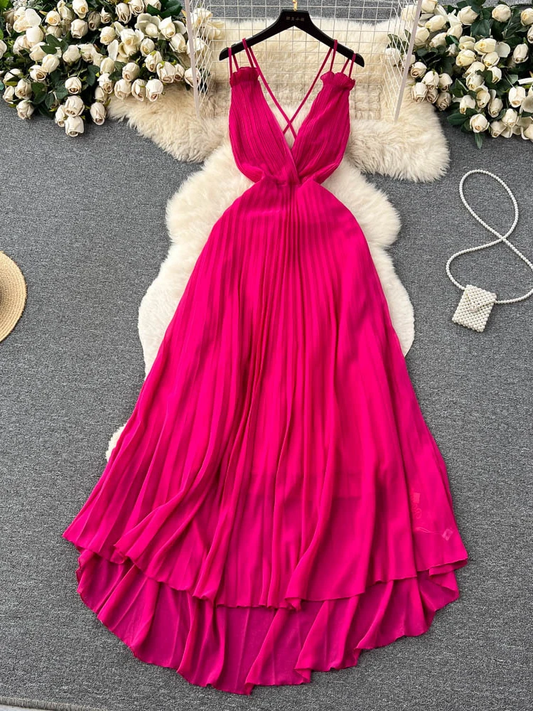 Sexy Strand kleid Frauen Sommer plissiert tiefen V-Ausschnitt rücken frei lange Kleider weiblich schlank a-Linie solide lange Robe Vestidos